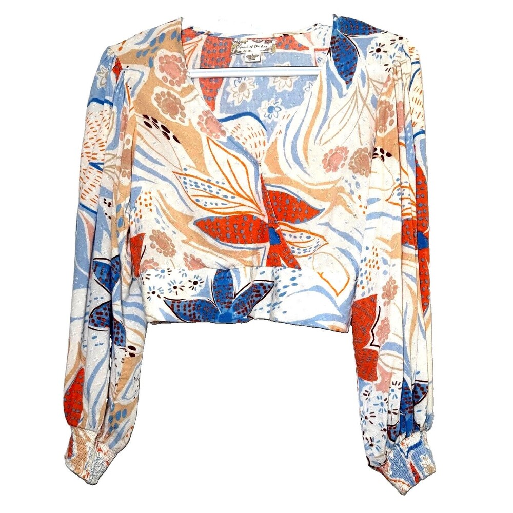 Band of the Free Floral Crop Top Boho V Neck Smocked Back Long Sleeve Size